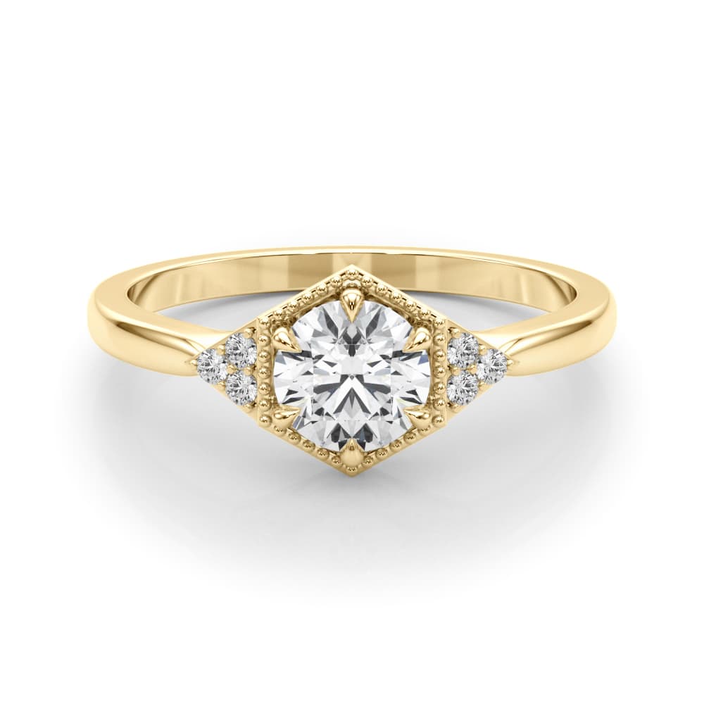 Round Hexagonal Shaped Engagement Ring, style 85311, On hand view in yellow gold