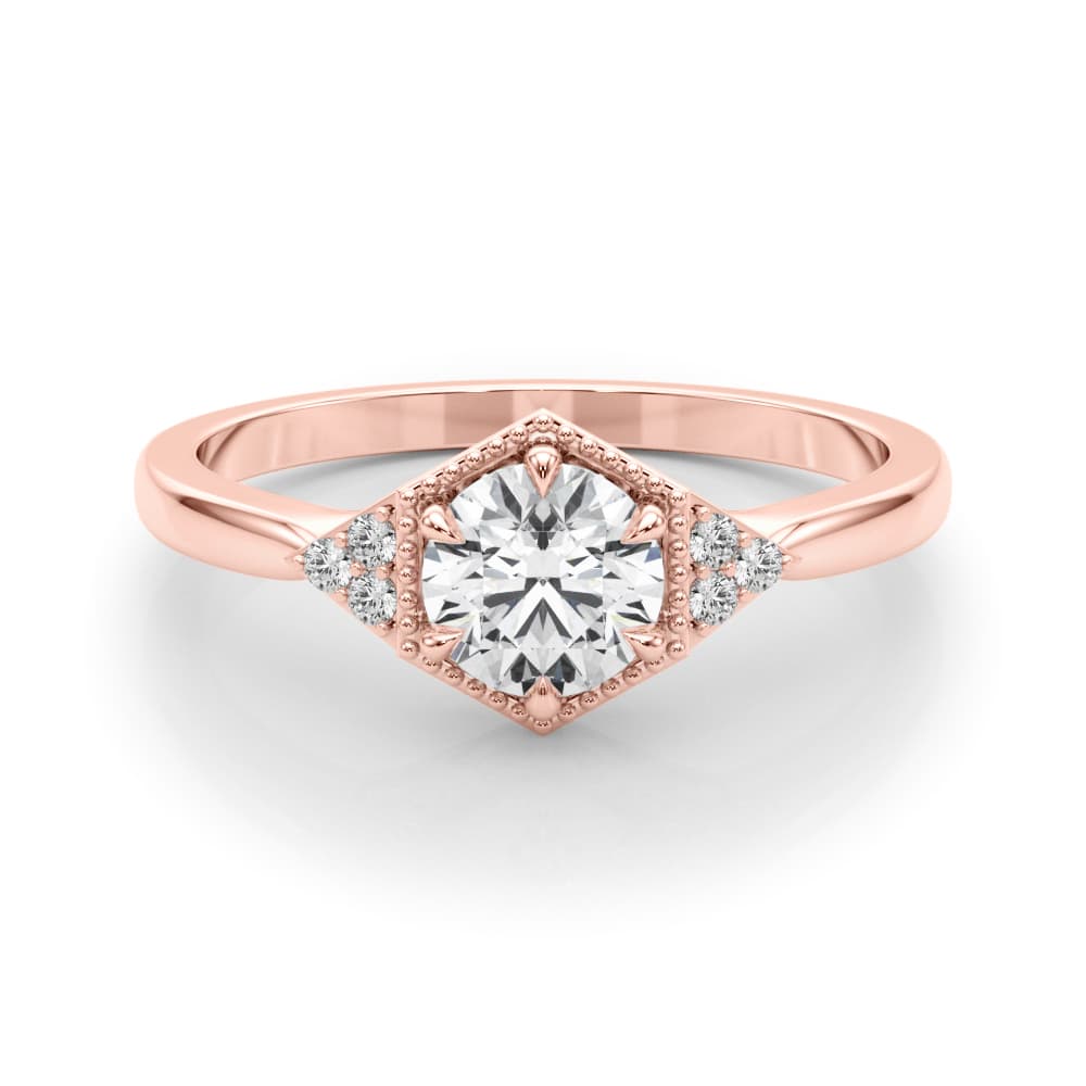 Round Hexagonal Shaped Engagement Ring, style 85311, On hand view in rose gold