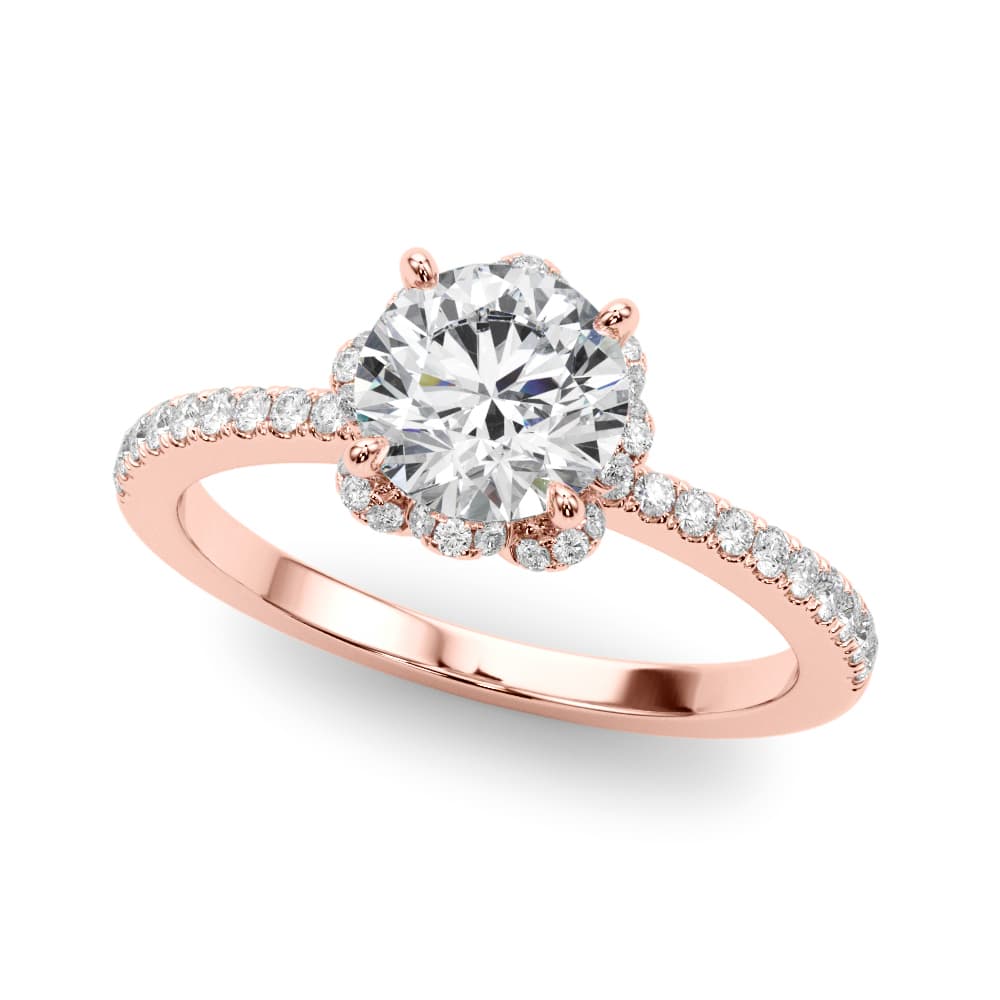 Prong Set Halo Engagement Ring, style 85328, Front view in rose gold