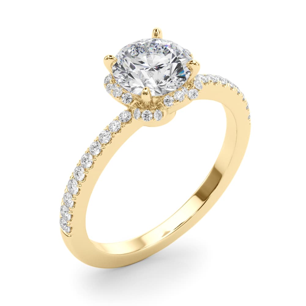 Prong Set Halo Engagement Ring, style 85328, Angle view in yellow gold