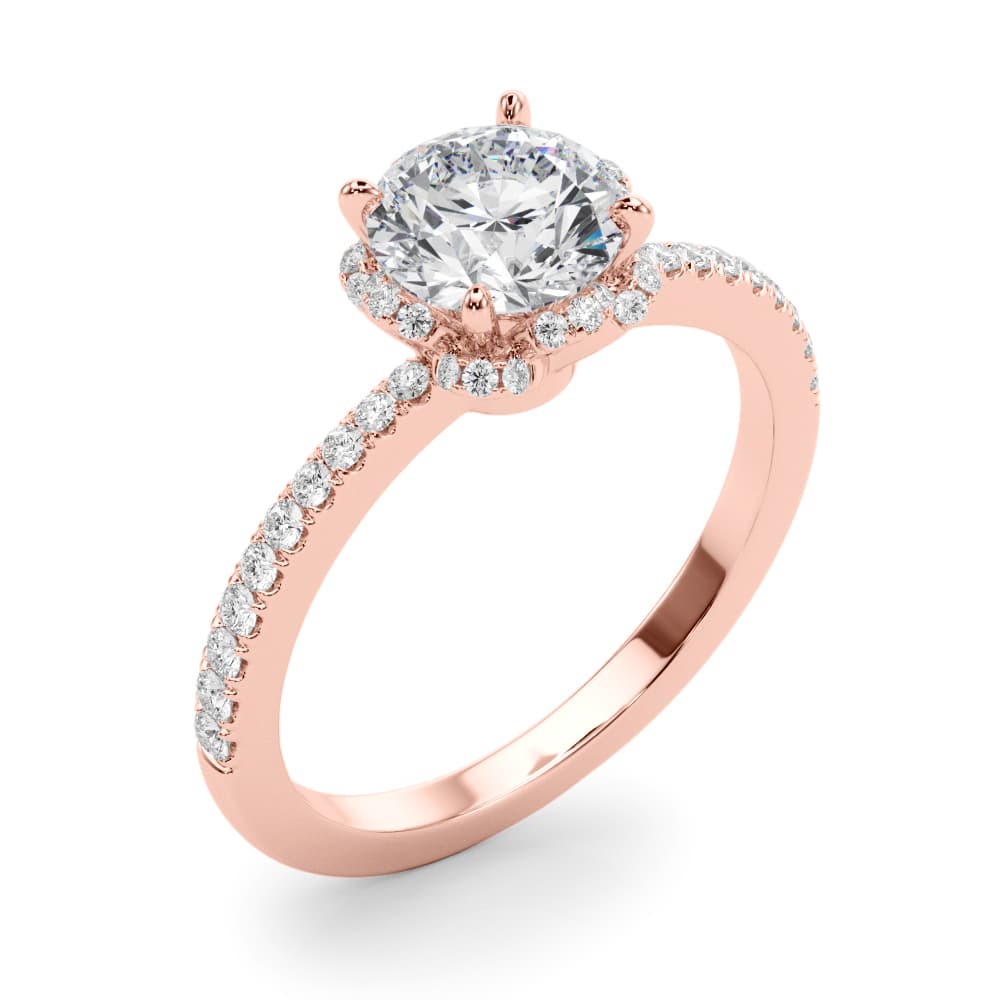 Prong Set Halo Engagement Ring, style 85328, Angle view in rose gold