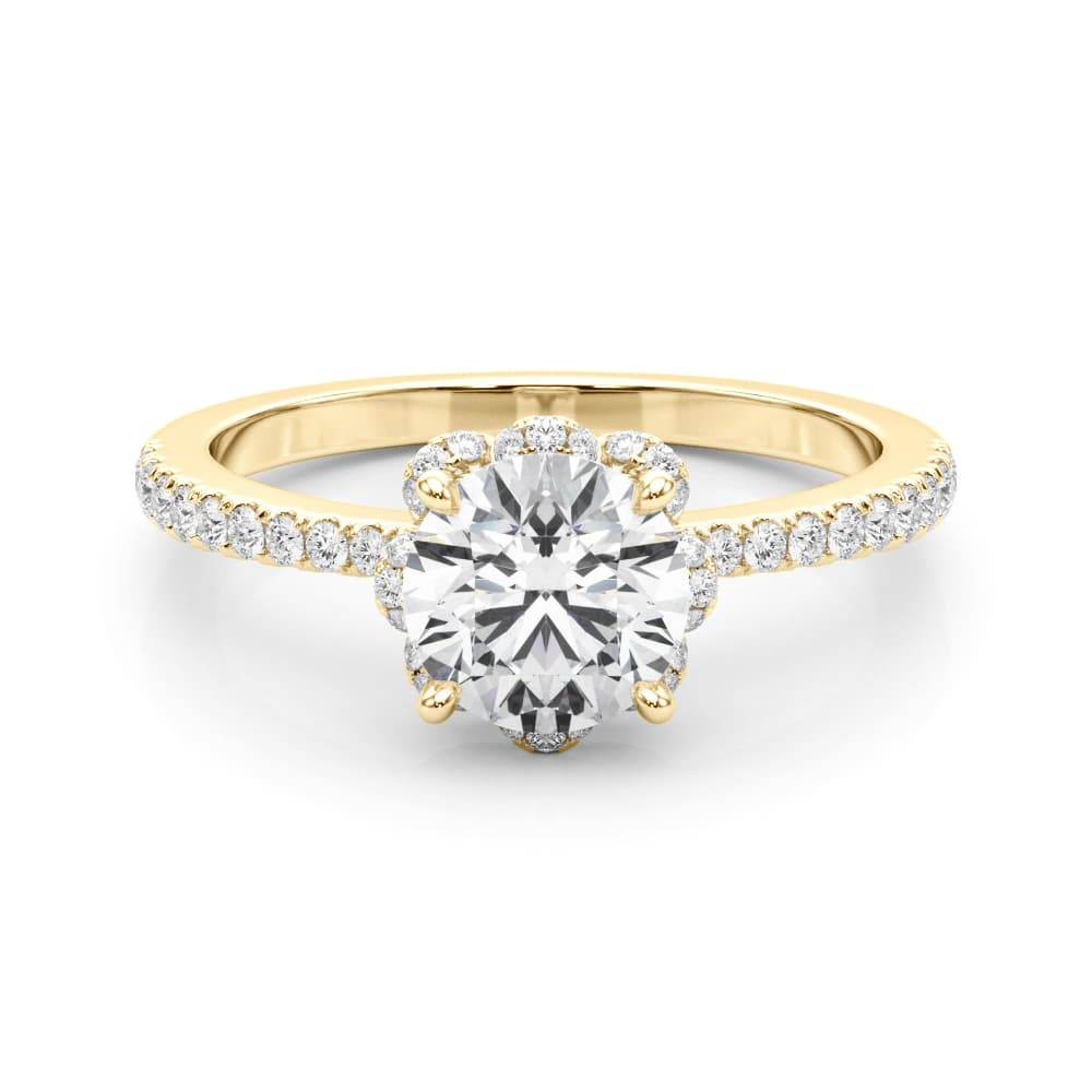 Prong Set Halo Engagement Ring, style 85328, On hand view in yellow gold