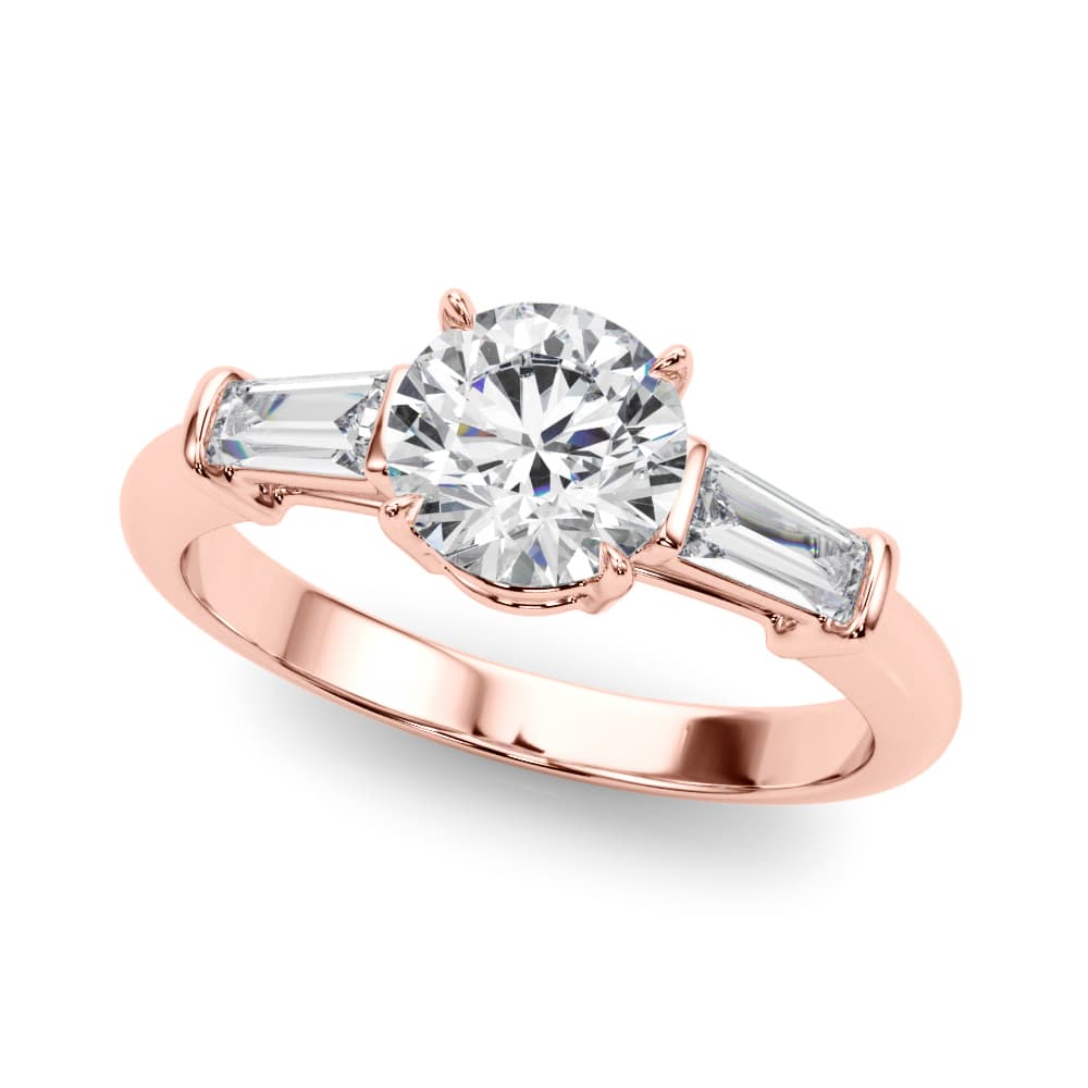 3 Stone Ring Round ctr Tb Sides, style 85330, Front view in rose gold