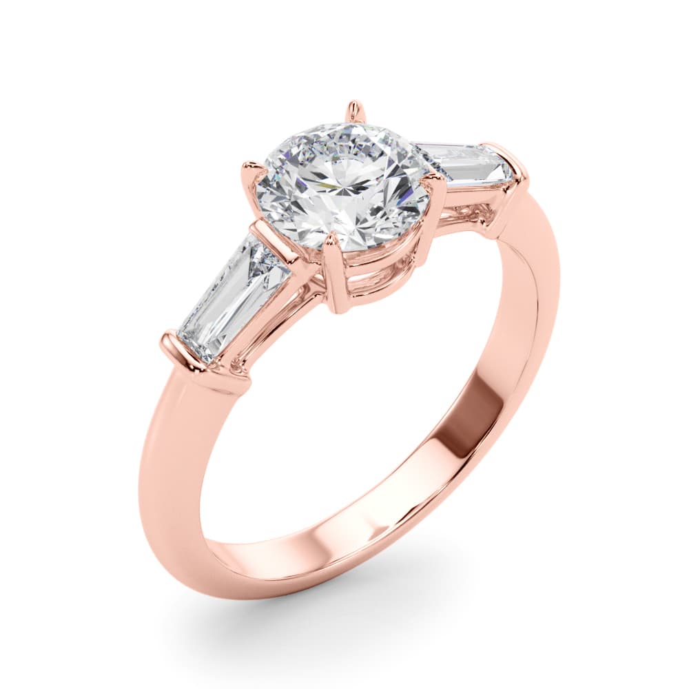 3 Stone Ring Round ctr Tb Sides, style 85330, Angle view in rose gold