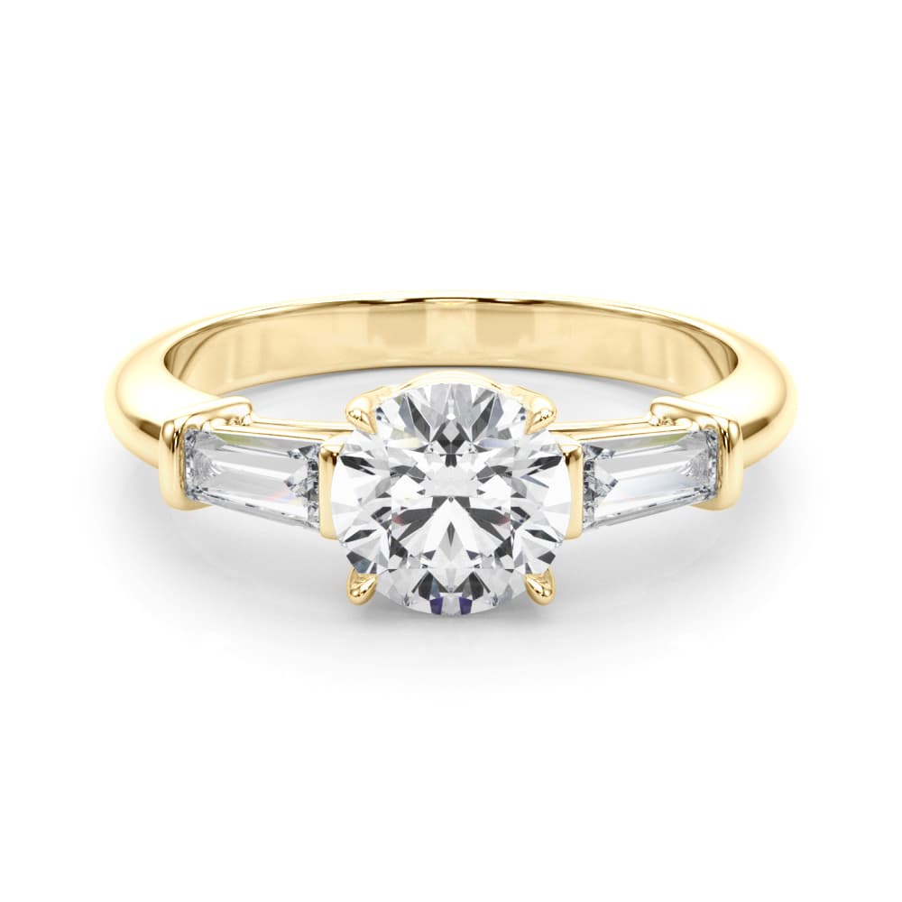 3 Stone Ring Round ctr Tb Sides, style 85330, On hand view in yellow gold