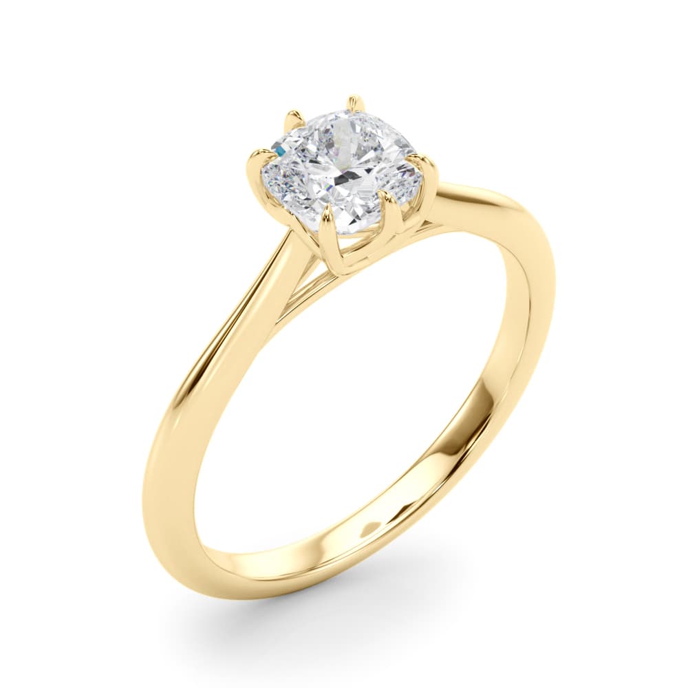 Solitaire 3.8x3.8 Cushion, style 85332, Angle view in yellow gold