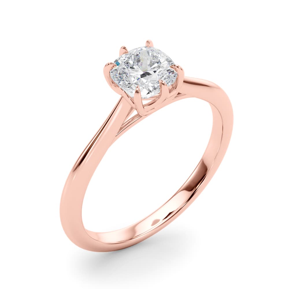 Solitaire 3.8x3.8 Cushion, style 85332, Angle view in rose gold