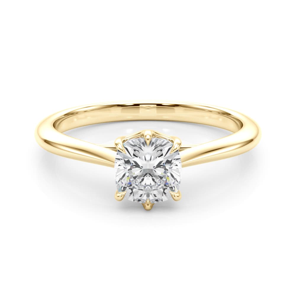 Solitaire 3.8x3.8 Cushion, style 85332, On hand view in yellow gold