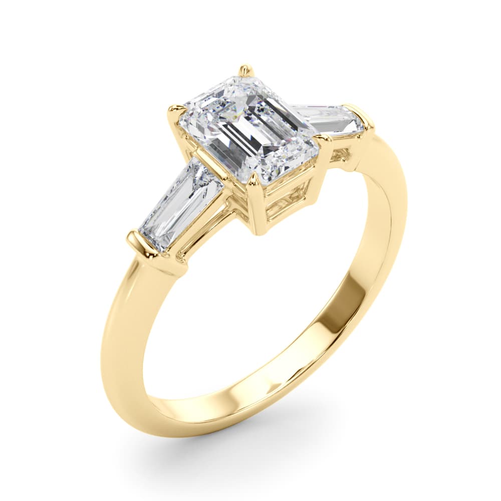 Tapered Baguette 3-Stone Emerald Cut Engagement Ring, style 85336, Angle view in yellow gold