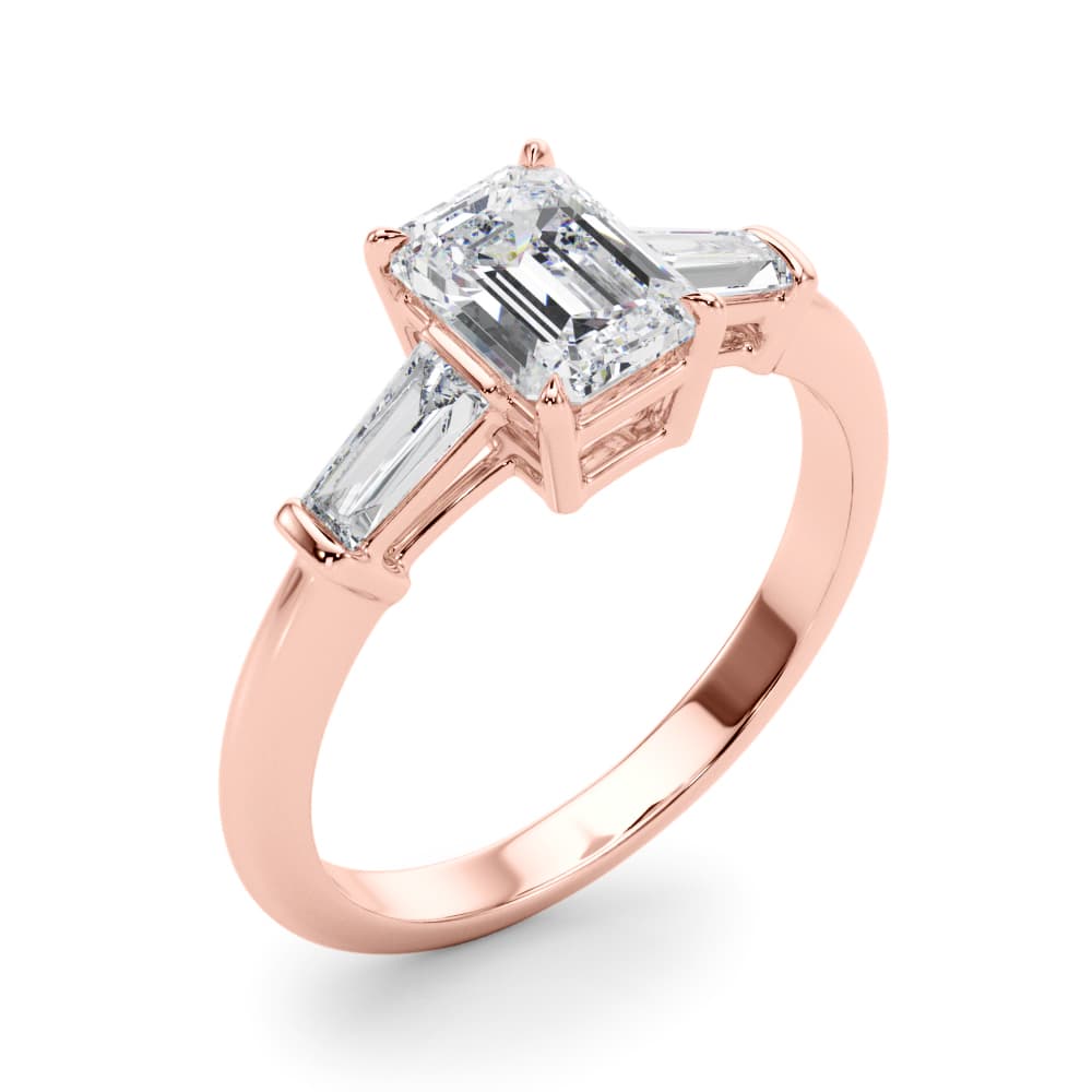 Tapered Baguette 3-Stone Emerald Cut Engagement Ring, style 85336, Angle view in rose gold