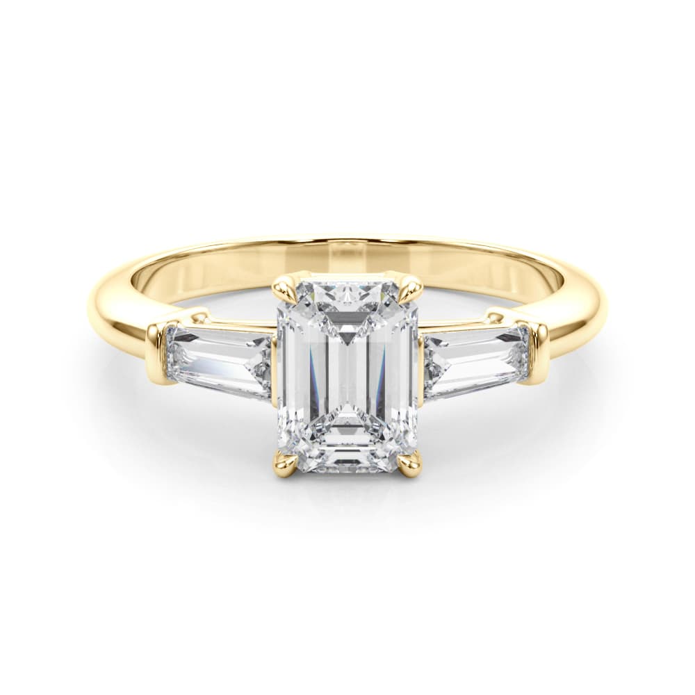Tapered Baguette 3-Stone Emerald Cut Engagement Ring, style 85336, On hand view in yellow gold