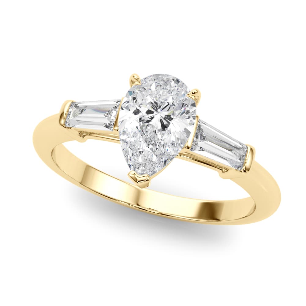 3-Stone Pear & Baguette Engagement Ring, style 85337, Front view in yellow gold