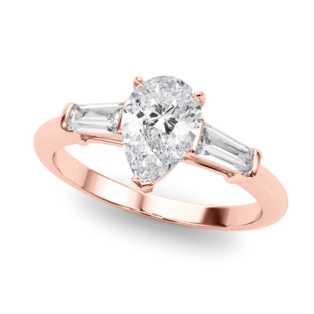 3-Stone Pear & Baguette Engagement Ring, style 85337, Front view in rose gold
