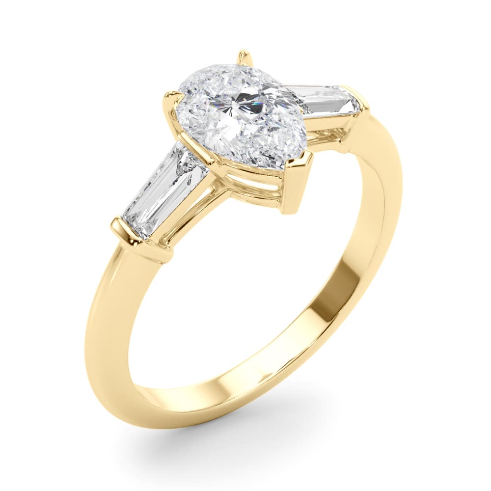 3-Stone Pear & Baguette Engagement Ring, style 85337, Angle view in yellow gold