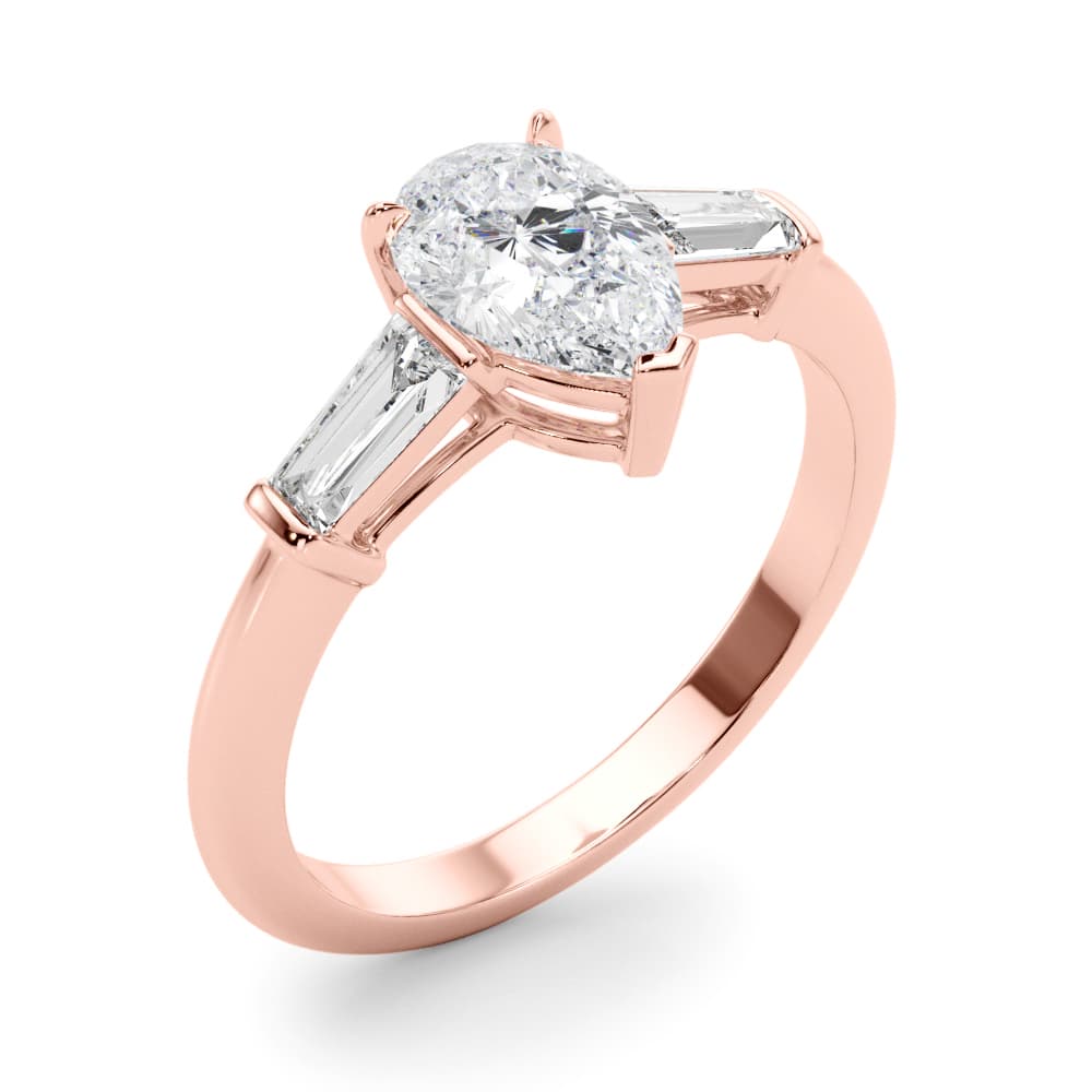 3-Stone Pear & Baguette Engagement Ring, style 85337, Angle view in rose gold