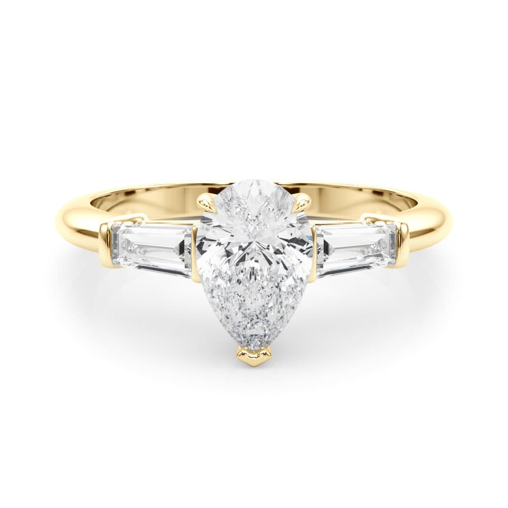 3-Stone Pear & Baguette Engagement Ring, style 85337, On hand view in yellow gold