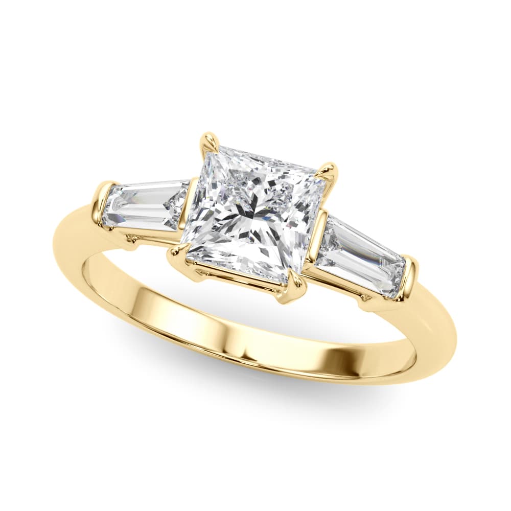 3 Stone Ring Sq ctr Tb Sides, style 85338, Front view in yellow gold
