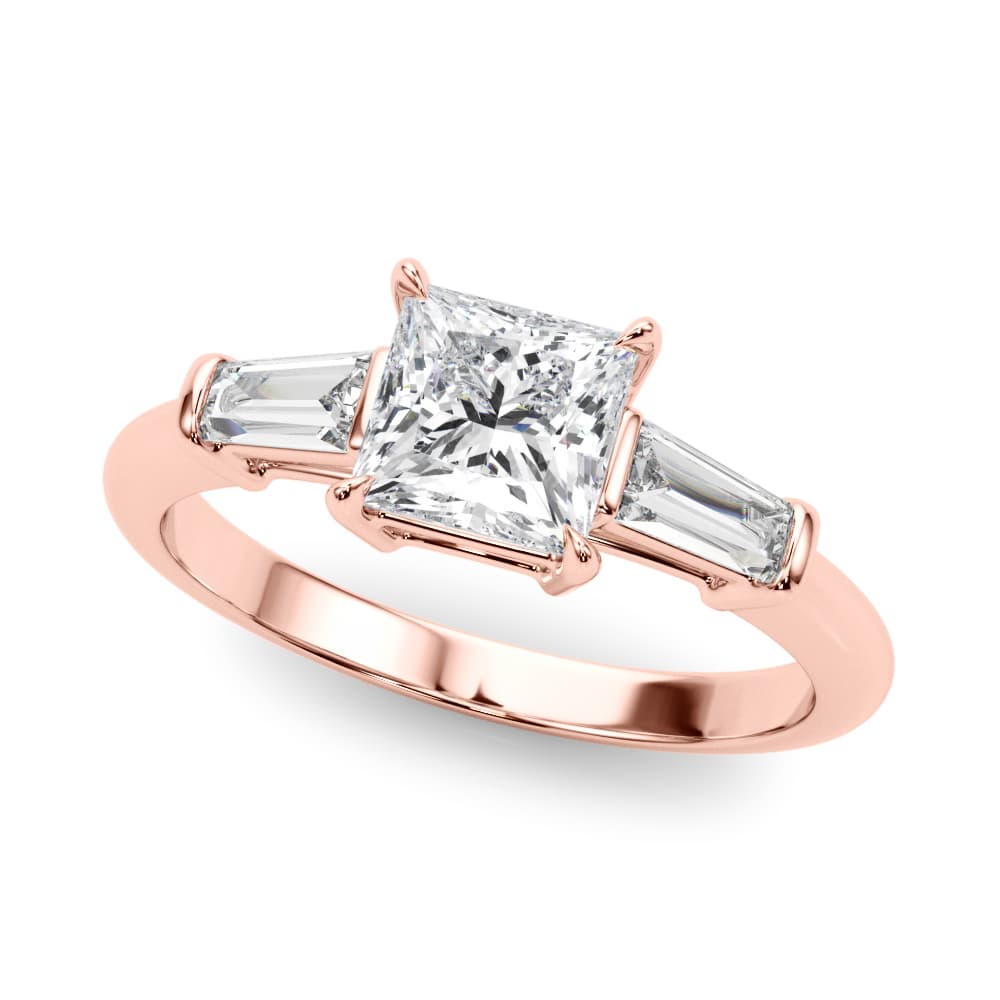 3 Stone Ring Sq ctr Tb Sides, style 85338, Front view in rose gold