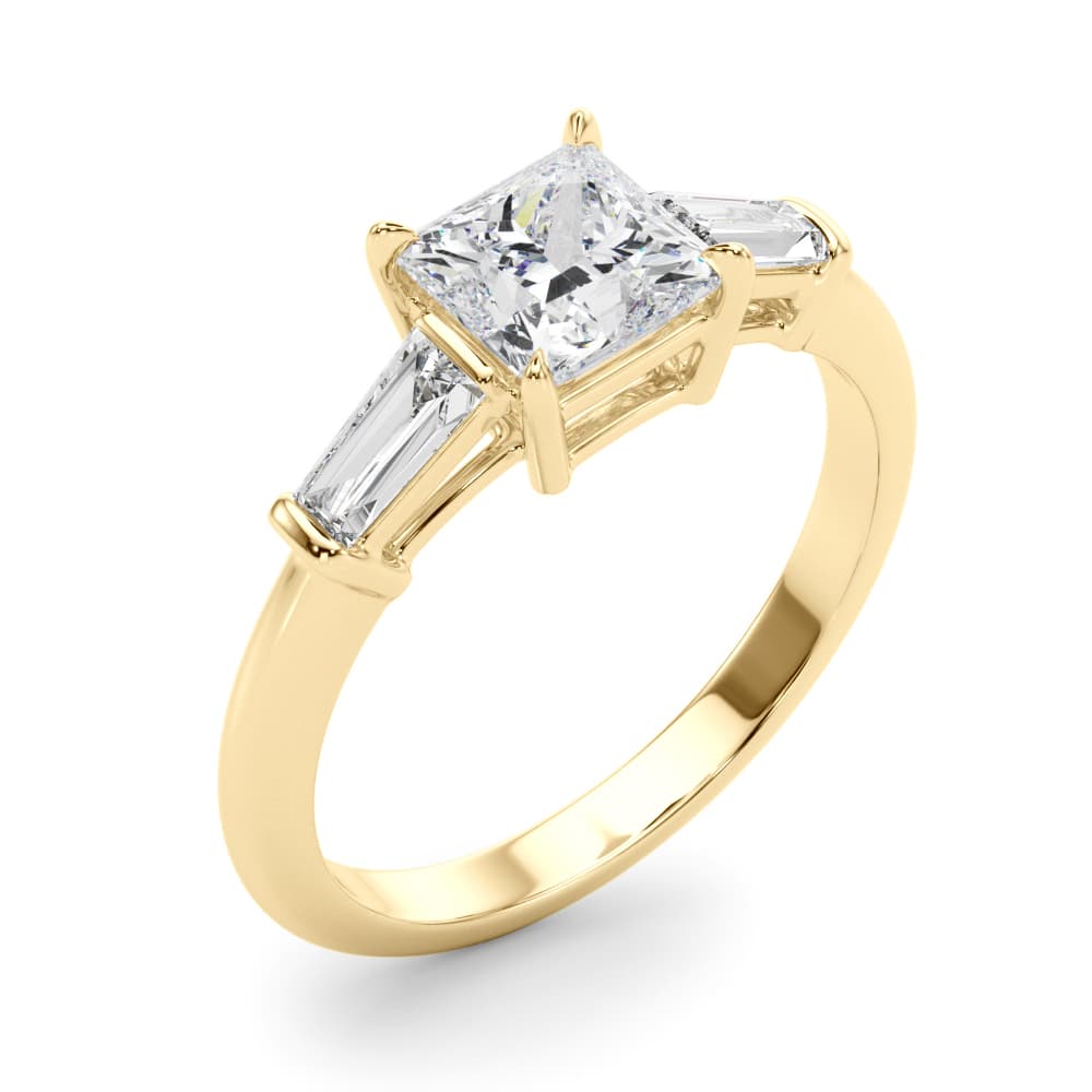 3 Stone Ring Sq ctr Tb Sides, style 85338, Angle view in yellow gold
