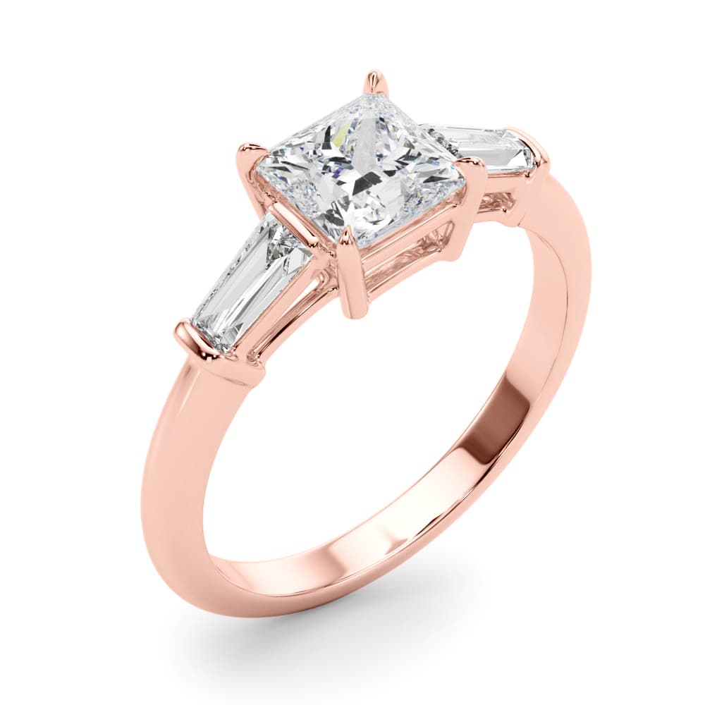 3 Stone Ring Sq ctr Tb Sides, style 85338, Angle view in rose gold