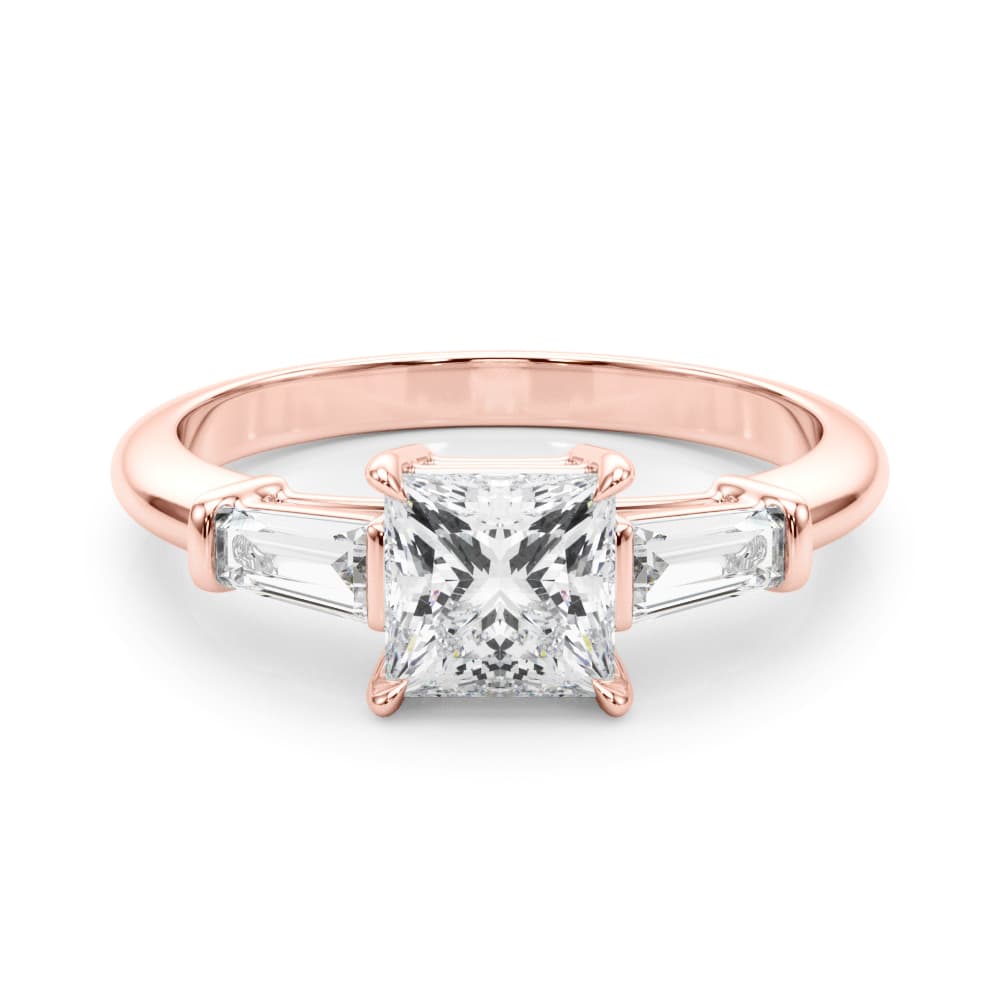 3 Stone Ring Sq ctr Tb Sides, style 85338, On hand view in rose gold