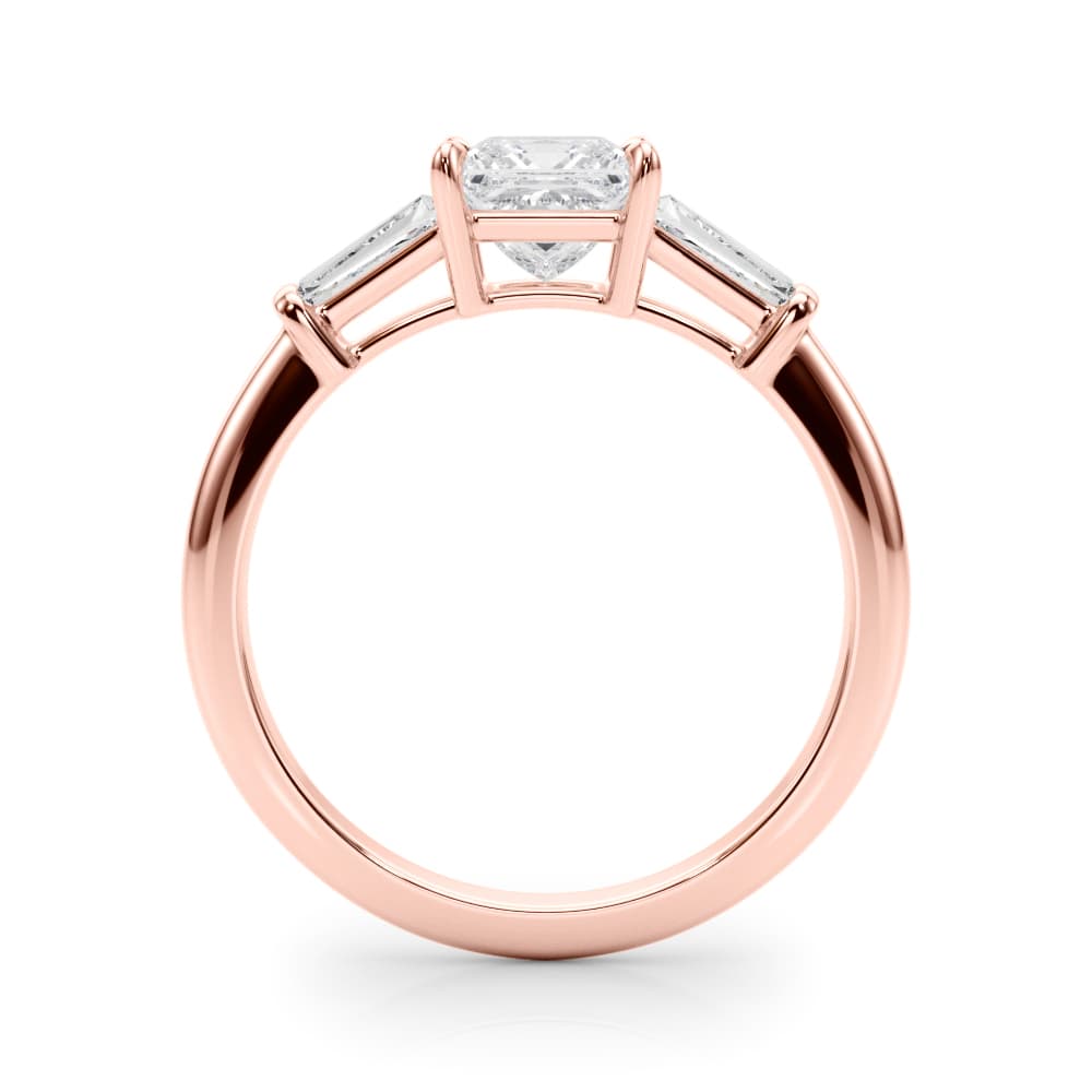 3 Stone Ring Sq ctr Tb Sides, style 85338, Side view in rose gold