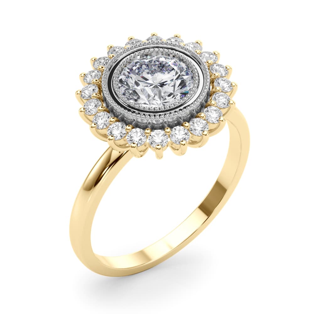 Vintage Halo Bezel Set Engagement Ring, style 85341, Angle view in yellow gold
