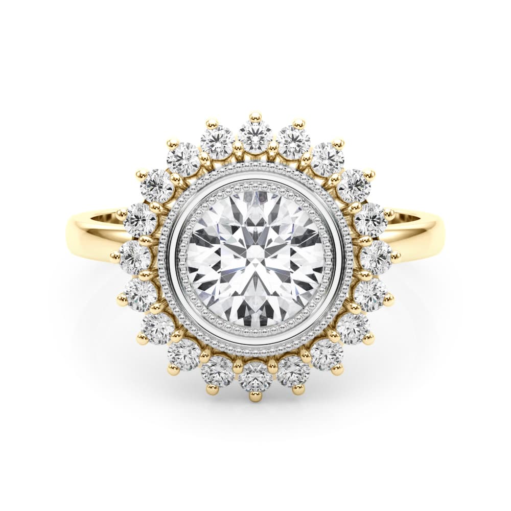 Vintage Halo Bezel Set Engagement Ring, style 85341, On hand view in yellow gold