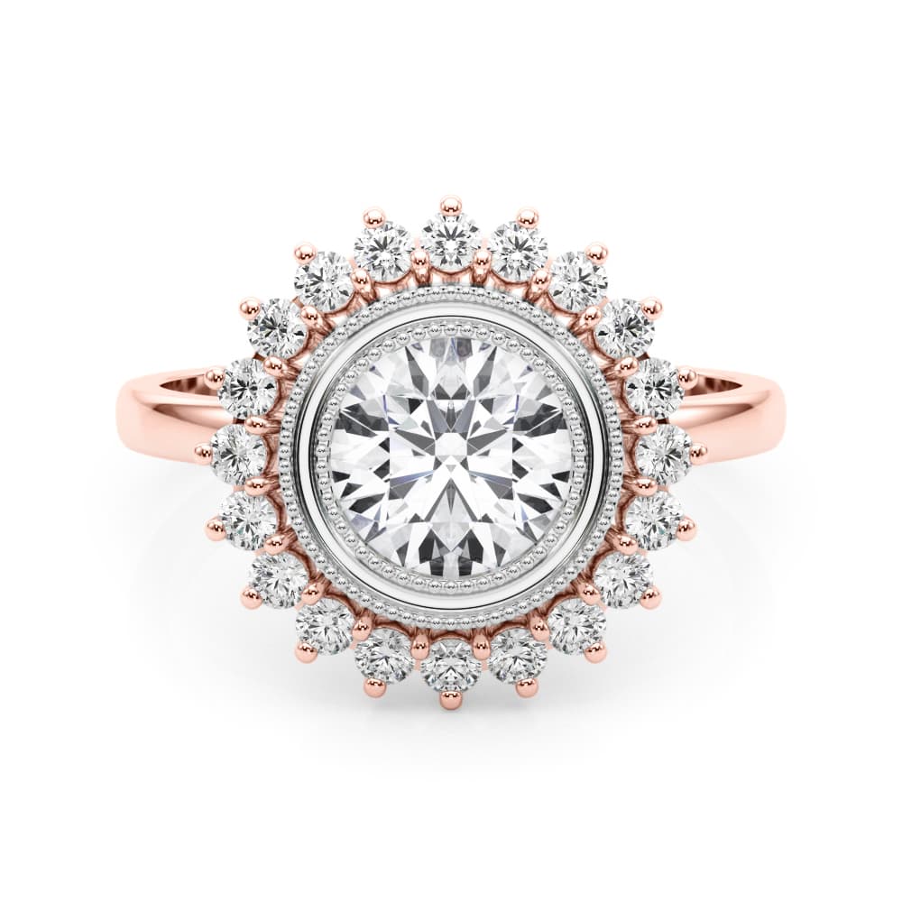Vintage Halo Bezel Set Engagement Ring, style 85341, On hand view in rose gold