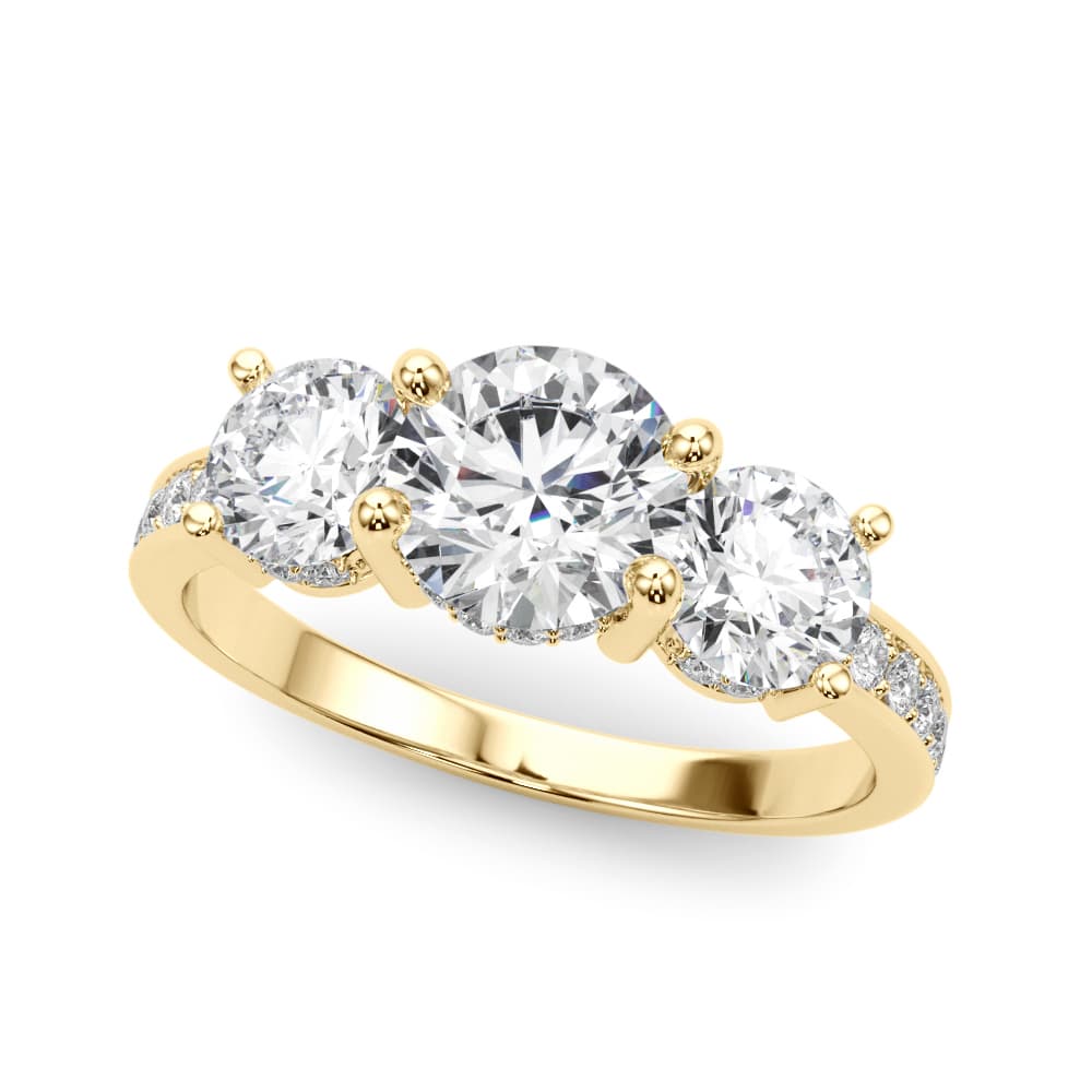3 Stone Hidden Halo Plus, style 85343, Front view in yellow gold