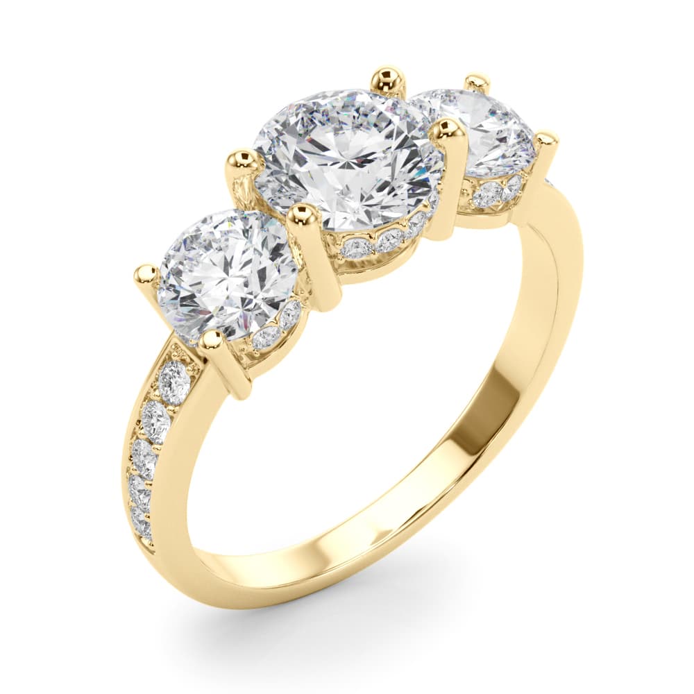 3 Stone Hidden Halo Plus, style 85343, Angle view in yellow gold