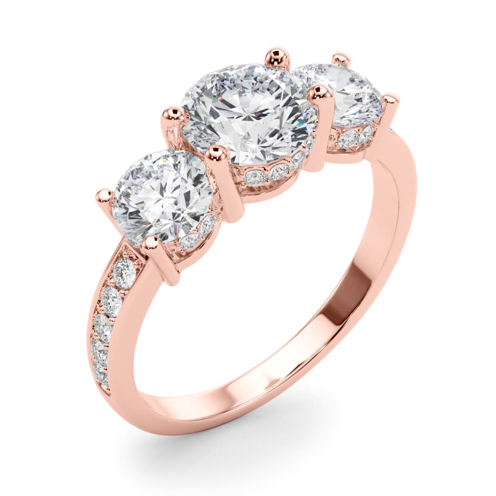 3 Stone Hidden Halo Plus, style 85343, Angle view in rose gold