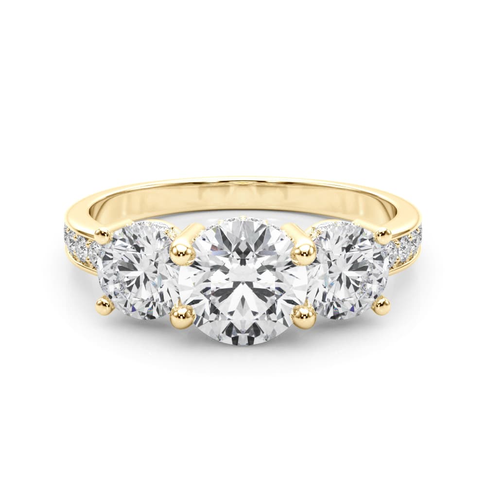 3 Stone Hidden Halo Plus, style 85343, On hand view in yellow gold