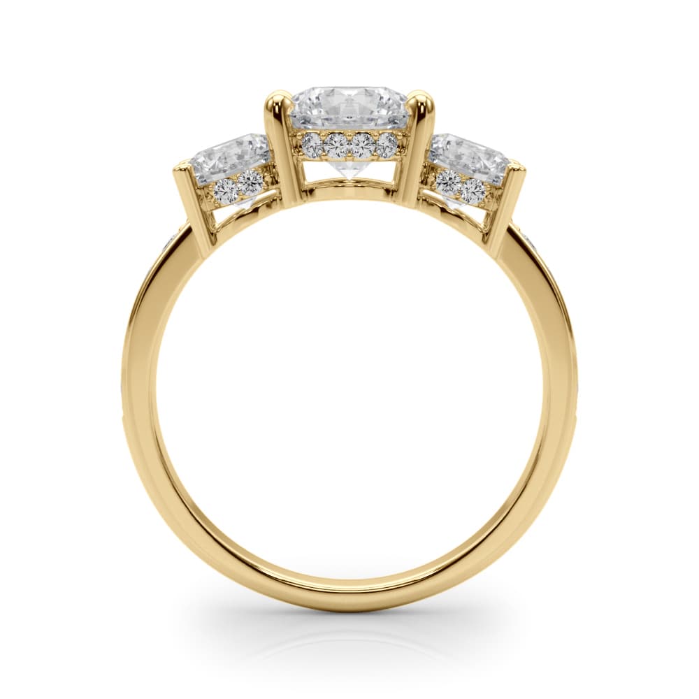 3 Stone Hidden Halo Plus, style 85343, Side view in yellow gold