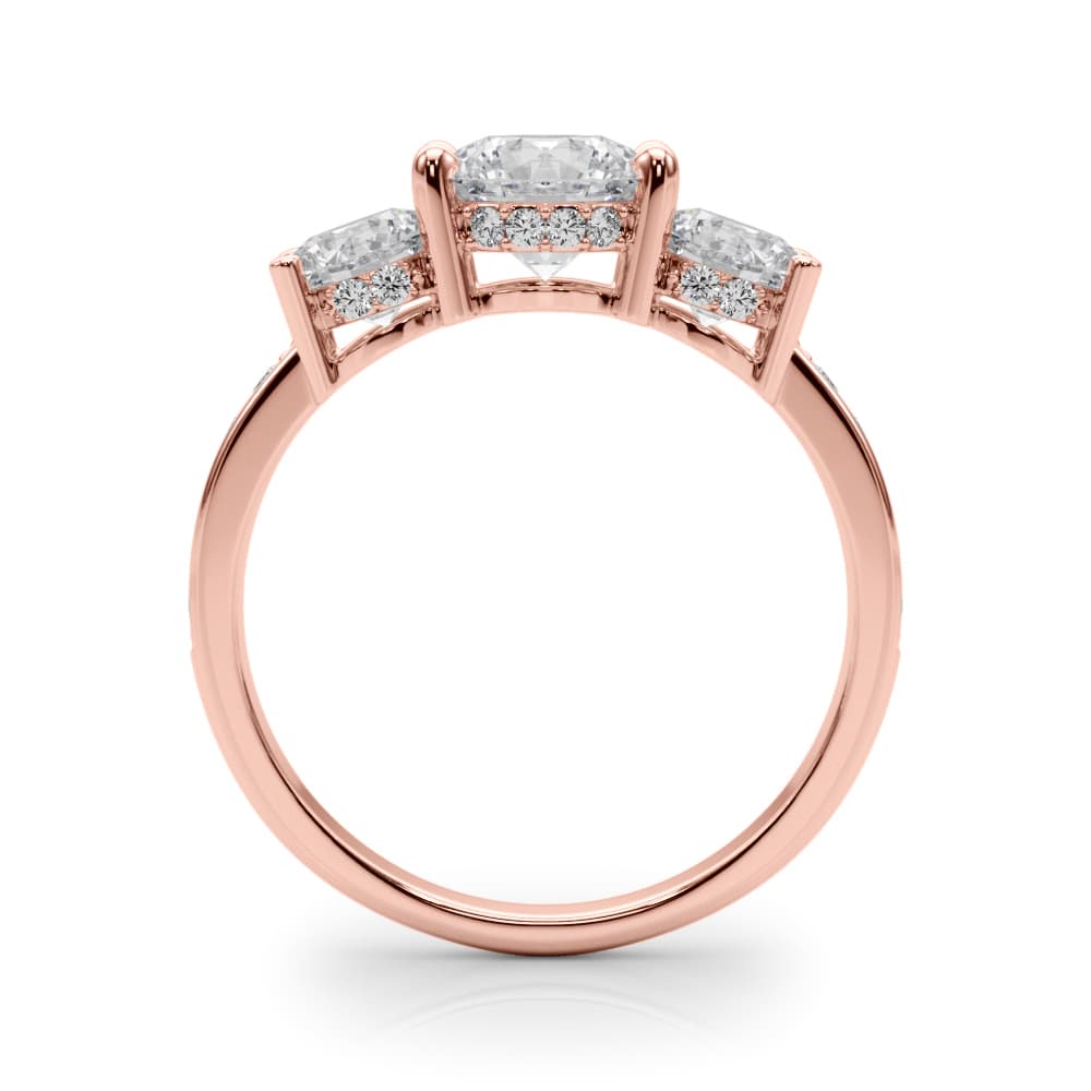3 Stone Hidden Halo Plus, style 85343, Side view in rose gold