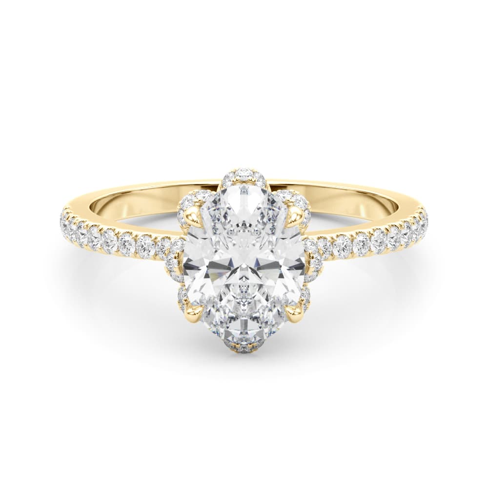 Engagement Ring Oval Cent, style 85357, On hand view in yellow gold