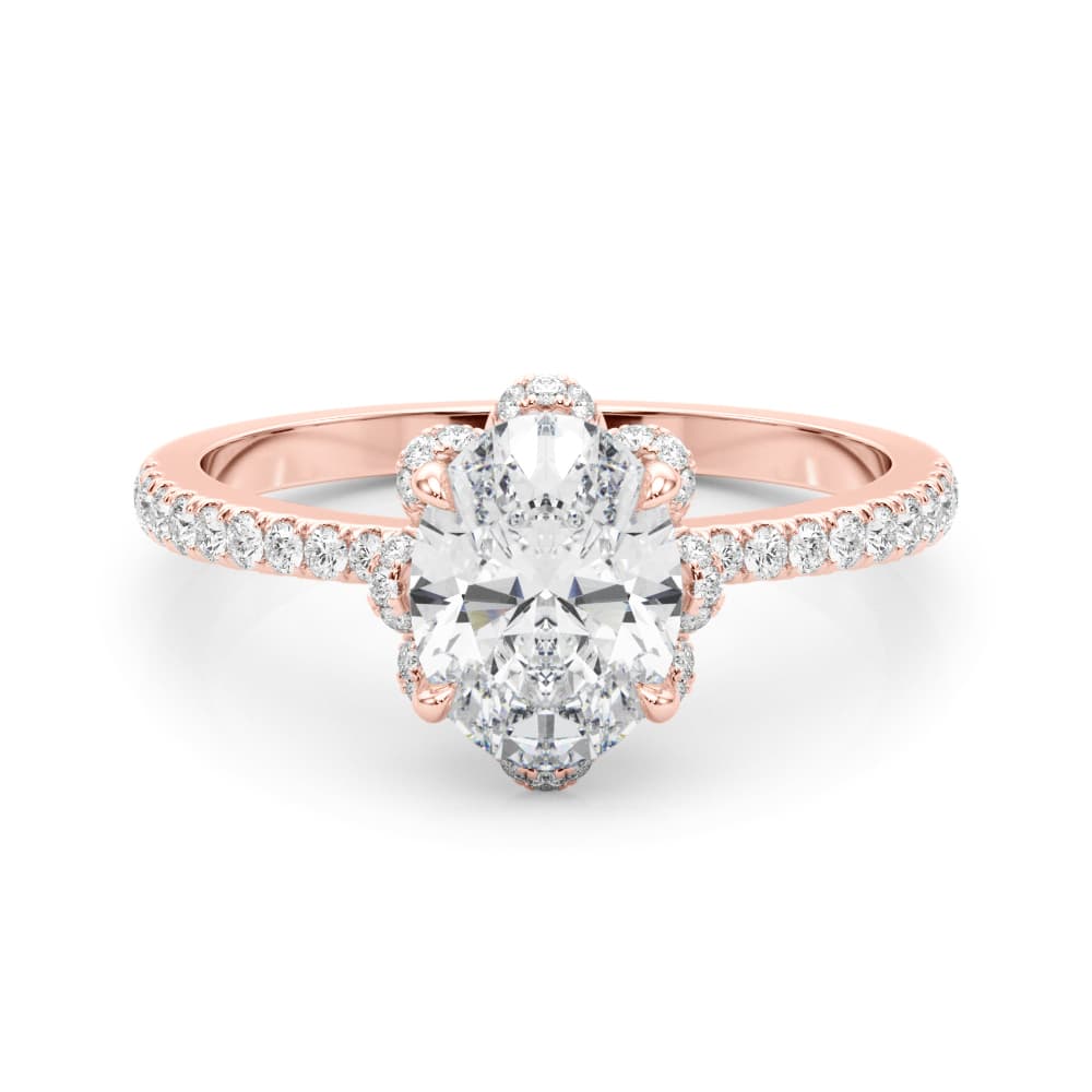 Engagement Ring Oval Cent, style 85357, On hand view in rose gold