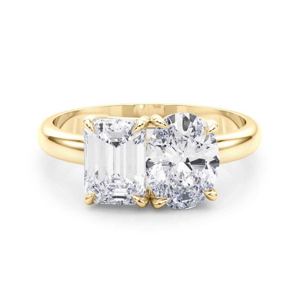 2-Stone Oval & Emerald Engagement Ring, style 85363, On hand view in yellow gold