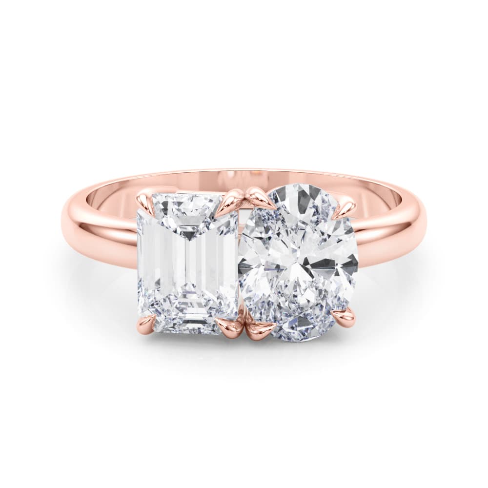 2-Stone Oval & Emerald Engagement Ring, style 85363, On hand view in rose gold