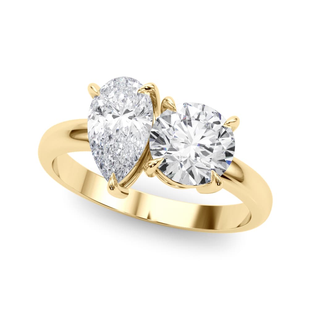2-Stone Round & Pear Engagement Ring, style 85364, Front view in yellow gold
