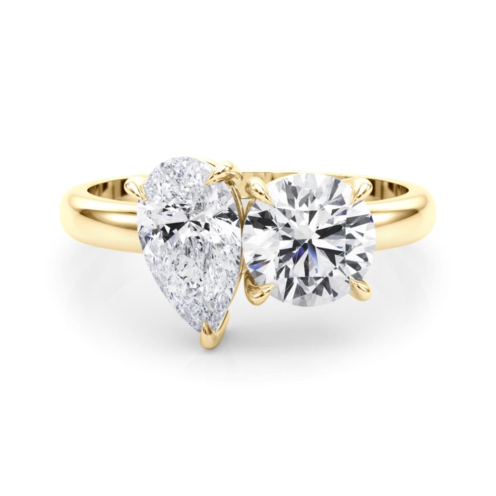 2-Stone Round & Pear Engagement Ring, style 85364, On hand view in yellow gold