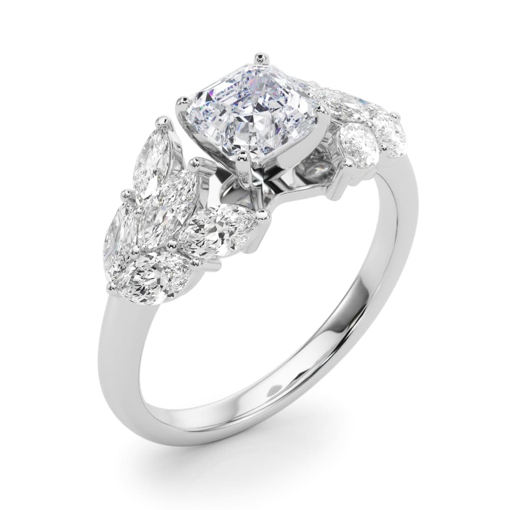 Mq Side Stones Engagement Ring, style 85366, Angle view in white gold or platinum