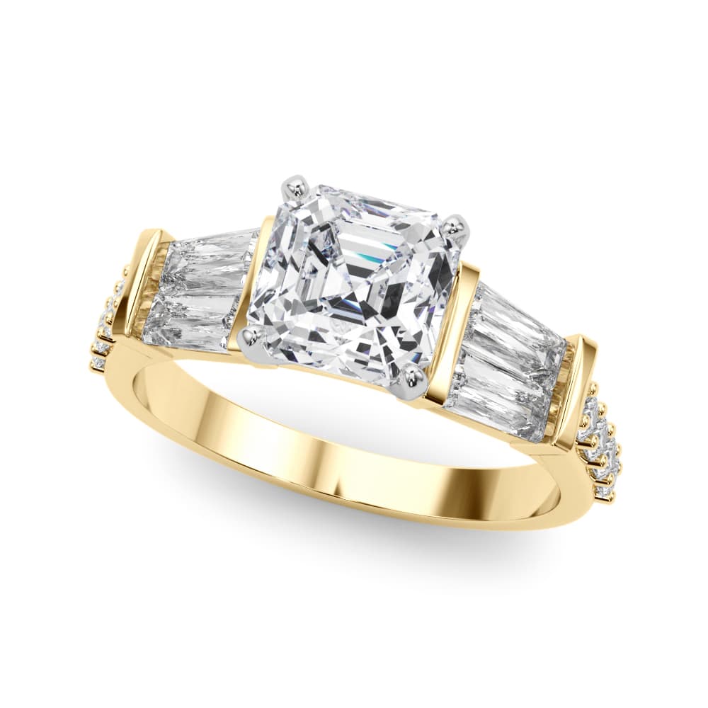 Round & Tapered Baguette Engagement Ring, style 85367, Front view in yellow gold