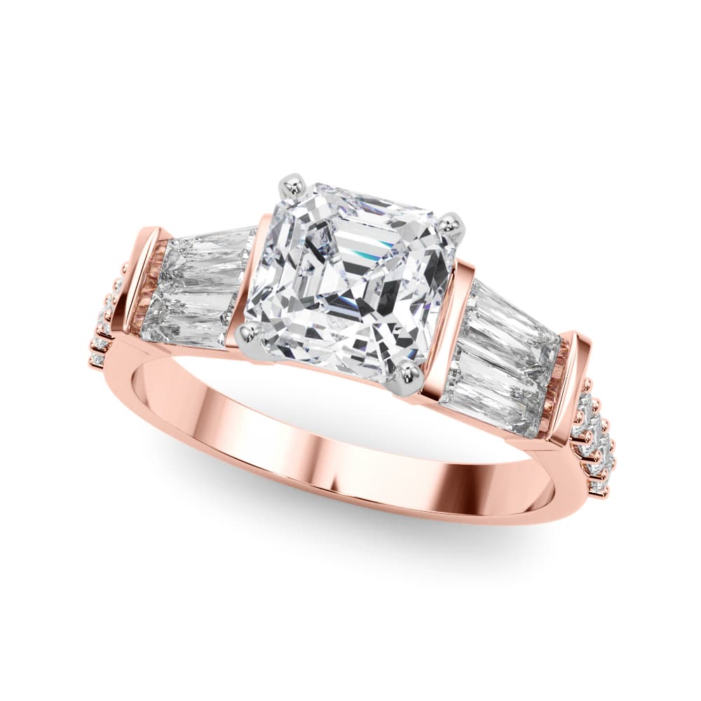 Round & Tapered Baguette Engagement Ring, style 85367, Front view in rose gold