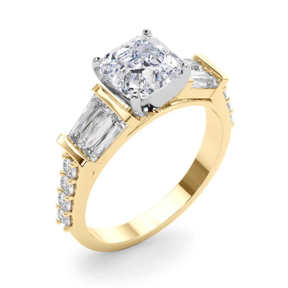Round & Tapered Baguette Engagement Ring, style 85367, Angle view in yellow gold