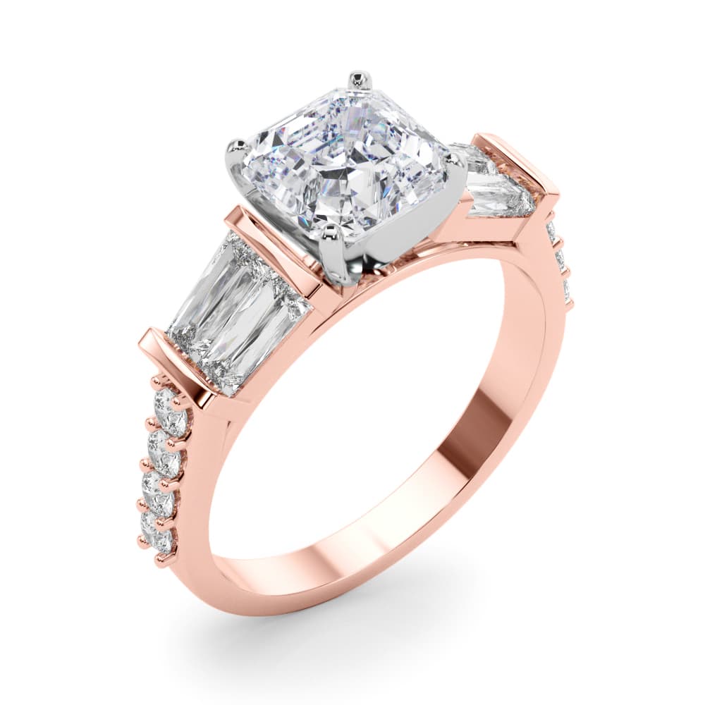 Round & Tapered Baguette Engagement Ring, style 85367, Angle view in rose gold