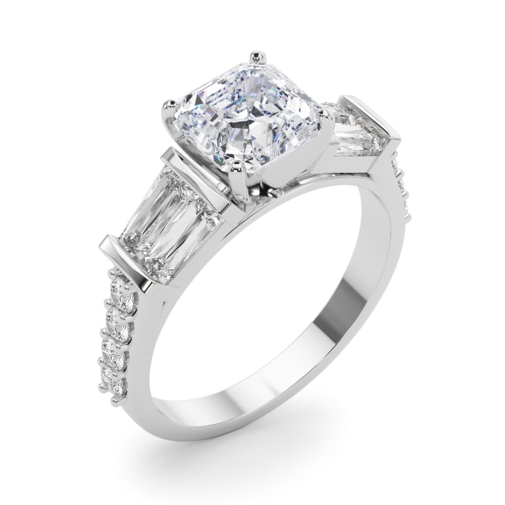 Round & Tapered Baguette Engagement Ring, style 85367, Angle view in white gold or platinum