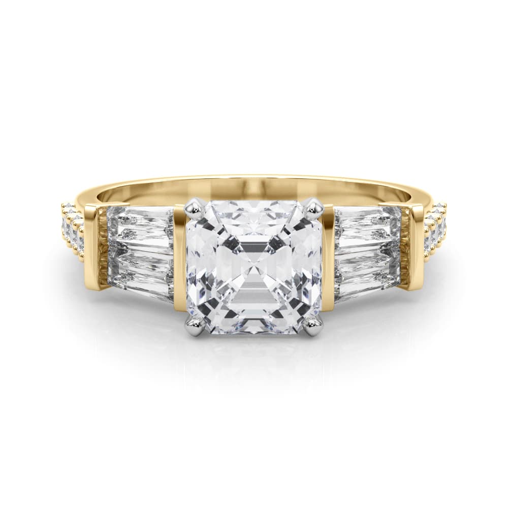 Round & Tapered Baguette Engagement Ring, style 85367, On hand view in yellow gold