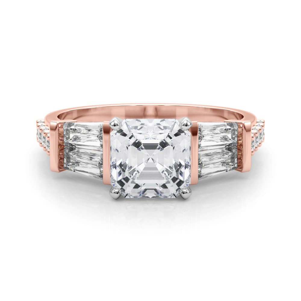 Round & Tapered Baguette Engagement Ring, style 85367, On hand view in rose gold