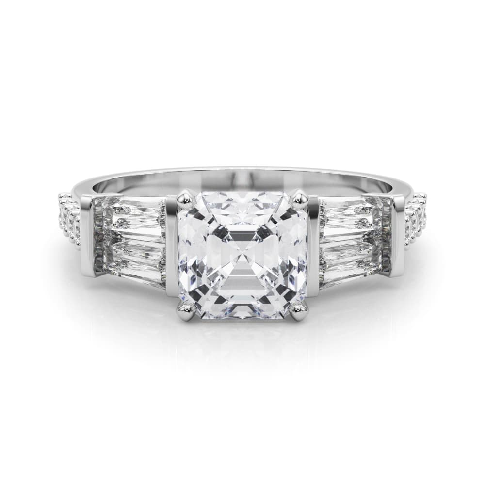 Round & Tapered Baguette Engagement Ring, style 85367, On hand view in white gold or platinum